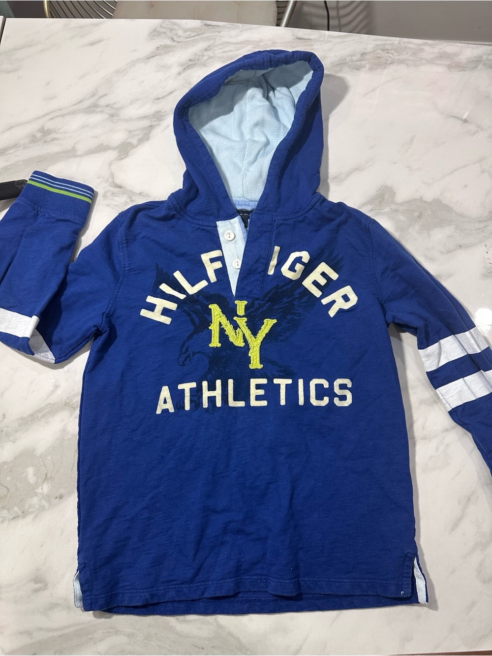 Tommy Hilfiger Boys' Blue NY Athletics Hooded Long Sleeve Top Shirt Medium 8-10
